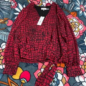 Calvin Klein Blouse, New with Tags, Medium, Red and Black Top, Tie at the bottom
